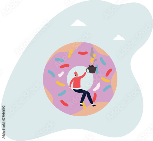 Coffee and a donut for Christmas. The character drinks the aromatic drink.