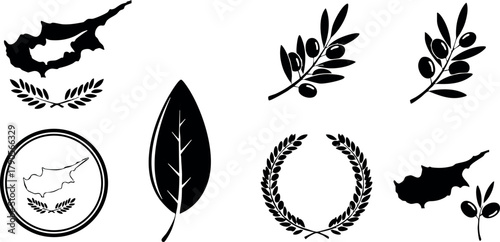 Cyprus map icons with olive branch and laurel wreath vector design elements for cultural and national symbolism