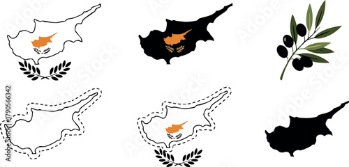 Cyprus map icons with olive branch and leaves vector set in black and orange colors for cultural and geographical design elements
