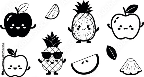 Cute kawaii style apple and pineapple fruit characters with leaves and slices vector illustration