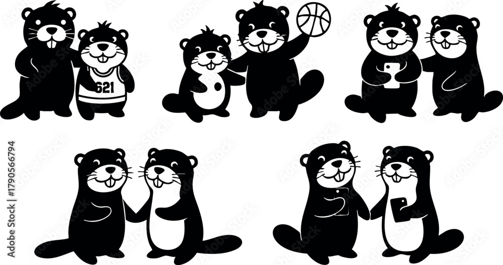 Obraz premium Cute otters playing basketball and standing in pairs in black silhouette vector design illustration