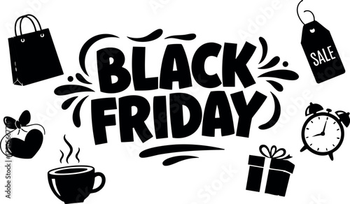 Black Friday shopping sale design with icons of coffee gift bag apple and alarm clock for discount promotion