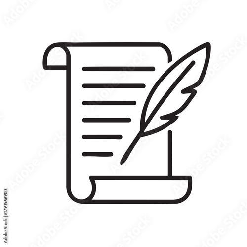 a simple black and white line drawing of an open scroll with a feather quill resting on it