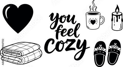 Cozy feeling concept with heart blanket slippers candle and coffee cup vector illustration