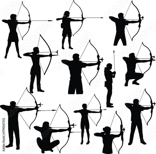 Archery silhouettes collection, archers aiming with bows and arrows, sports illustration, precision shooting, training posture, hunting concept, vector design, black icons