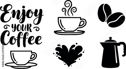 Coffee cup beans kettle enjoy your coffee text vector illustration black and white design elements