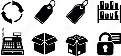 Shopping and packaging icons set with price tags, cash register, boxes, lock and recycling symbols for business and commerce vector illustration