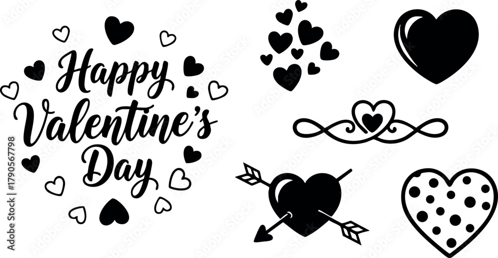 Fototapeta premium Valentines Day hearts and love symbols vector set for romantic celebration design elements