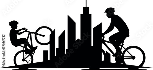 Bicyclists performing tricks and riding bikes against city skyline silhouette vector design