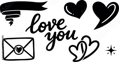 Love you message with hearts and envelope romantic vector design elements for Valentine’s Day greeting cards and decorations