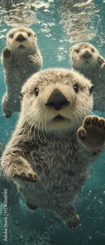 Innocent joy: young otters frolicking in nature's embrace. Promotional poster. Young otters gleefully splashing as sunlight dances on water. Scifi poster. Drama poster.