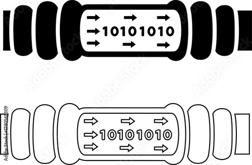 Digital data transmission concept with binary code and arrows, black and white illustration
