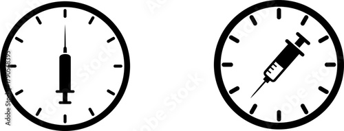 Medical syringe icon integrated into clock faces, symbolizing timesensitive medical treatments