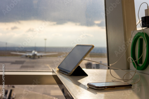 Selective focus on a tablet and smartphone charging by a sunlit airport window. In the blurred background, an airplane on the runway signifies travel, remote work, and the modern connectivity.