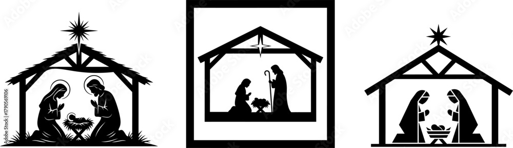 Fototapeta premium Nativity scene silhouettes within stable structures, depicting the birth of jesus