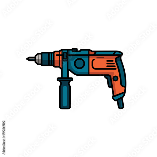 Electric drill minimalistic flat vector, orange and blue, for construction tools concept