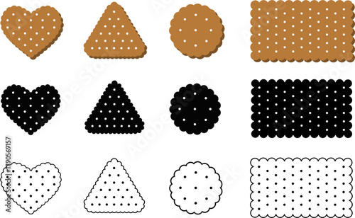 Biscuit and cracker icon set in color, black silhouette, and outline style. Perfect for bakery logo, packaging, cafe menu, and dessert branding vector design.