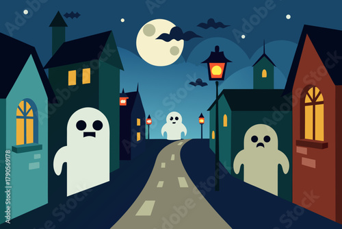 Cartoon ghost village alley vector illustration