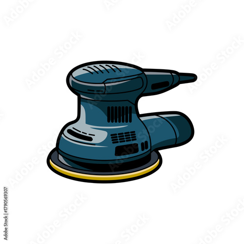 Orbital sander semi-realistic flat vector, blue and grey, for woodworking tools concept