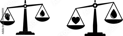 Scales comparing a heart and a drop of liquid, a medical balance life silhouette