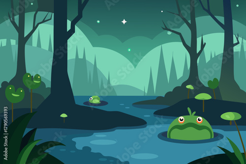 Cartoon swamp fog with frogs vector illustration