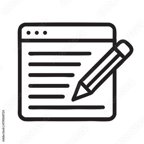 A simple black and white line drawing depicts a computer screen with a pencil poised to write