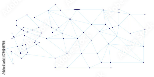 Minimalist Abstract Graphic of Connected Black Dots and Light Blue Lines on a White Background, Symbolizing Networks, Technology, and Dispersed Information.