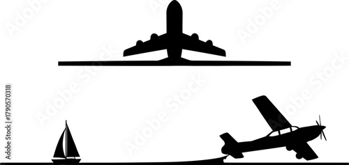 Aircraft and sailboat icons silhouette