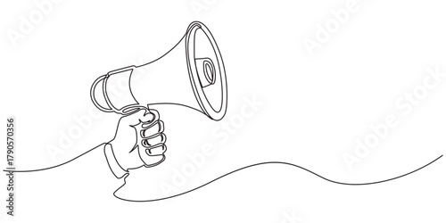 Continuous line drawing representing a megaphone for announcing or protesting. Hand drawn one line vector. Editable stroke, Megaphone icon continuous one line drawing, Public horn speaker in one.