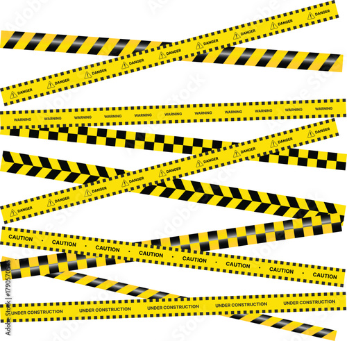 Yellow Black Stripes Line Tape and Caution Barrier Icon set. Warning Ribbon and Critical Safety Alert Symbols. Construction Tape and Danger Zone sign. Hazard Sign and Industrial Warning Border Icon