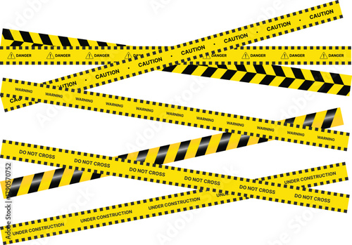 Yellow Black Stripes Line Tape and Caution Barrier Icon set. Warning Ribbon and Critical Safety Alert Symbols. Construction Tape and Danger Zone sign. Hazard Sign and Industrial Warning Border Icon