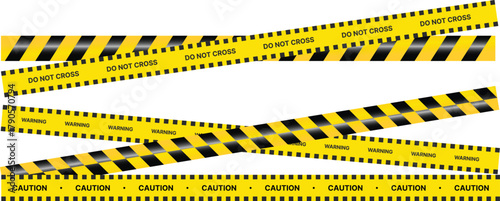 Yellow Black Stripes Line Tape and Caution Barrier Icon set. Warning Ribbon and Critical Safety Alert Symbols. Construction Tape and Danger Zone sign. Hazard Sign and Industrial Warning Border Icon