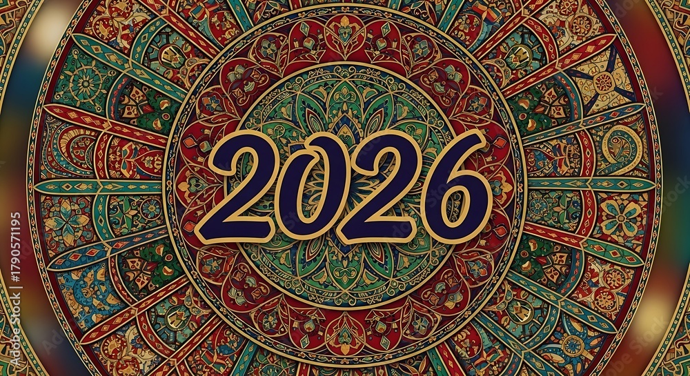 Fototapeta premium Intricate mandala design featuring the year 2026 in the center isolated on white background