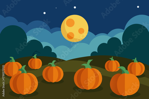 Cartoon pumpkin field under the moon vector illustration