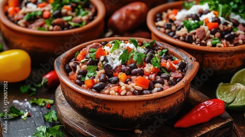 Fototapeta Naklejka Na Ścianę i Meble -  Brazilian Feijoada dish in a clay pot with vibrant colors