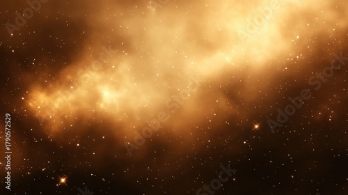 A golden dust cloud with swirling metallic particles in space