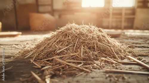 A pile of raw hemp fibers in a sunlit indoor structure