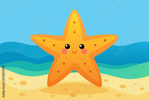 Cartoon starfish on a tidal shore vector illustration