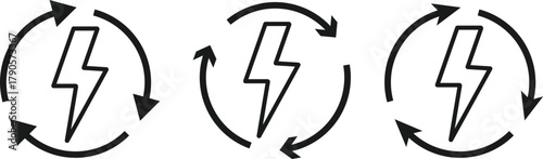 Lightning Bolt and Circular Arrow Icon Set. Energy Refresh and System Update symbol. Power Efficiency Symbol sign