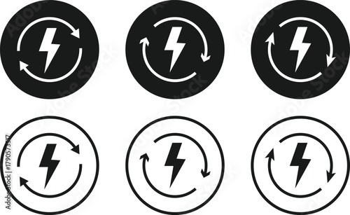 Lightning Bolt and Circular Arrow Icon Set. Energy Refresh and System Update symbol. Power Efficiency Symbol sign