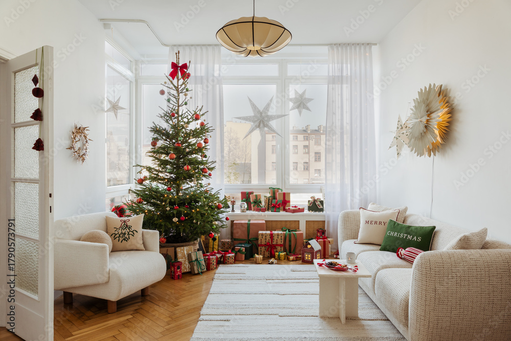 Stylish interior of Christmas arrangement with Christmass tree, white ...