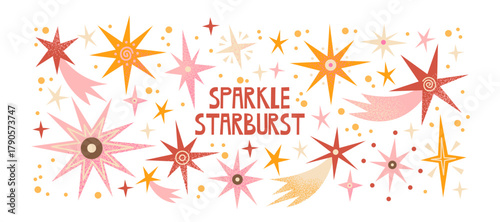 Stars and constellation shapes in retro cartoon style. Celestial elements: shining star, spiral sun, falling comet. Cosmic composition for night sky design, mystical astronomy illustration in funky 