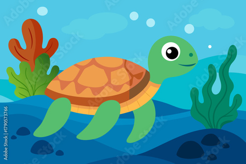 Cartoon sea turtle on a reef scene vector illustration