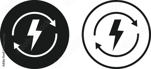 Lightning Bolt and Circular Arrow Icon Set. Energy Refresh and System Update symbol. Power Efficiency Symbol sign