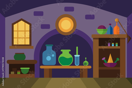 Cartoon alchemist shop interior scene vector illustration
