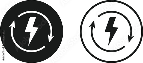 Lightning Bolt and Circular Arrow Icon Set. Energy Refresh and System Update symbol. Power Efficiency Symbol sign