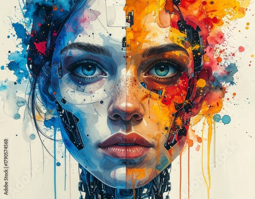 Watercolor art of human and robot faces merging symbolizing artificial intelligence and creativity