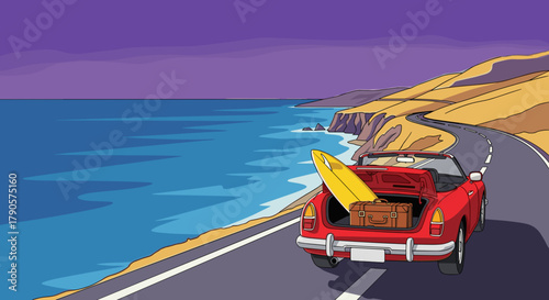 A red convertible with a suitcase and a surfboard drives along a coastal road, for travel agencies, travel blogs