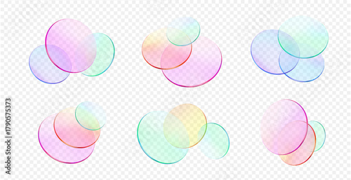 3d glass transparent circle shape. Color gradient round lens disk flying. Glass morphism blue, green, pink shape. Vector realistic illustration