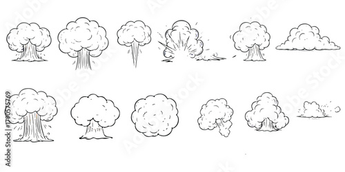Comic book style smoke cloud explosion impact drawing collection isolated